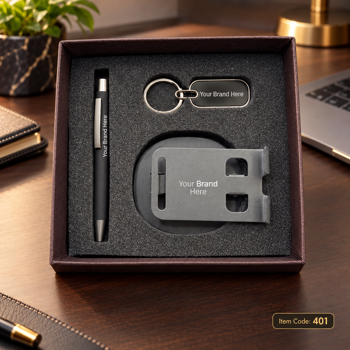 3-in-1 Corporate Gift Set – Pen, Keychain & Mobile Stand / Visiting Card Holder