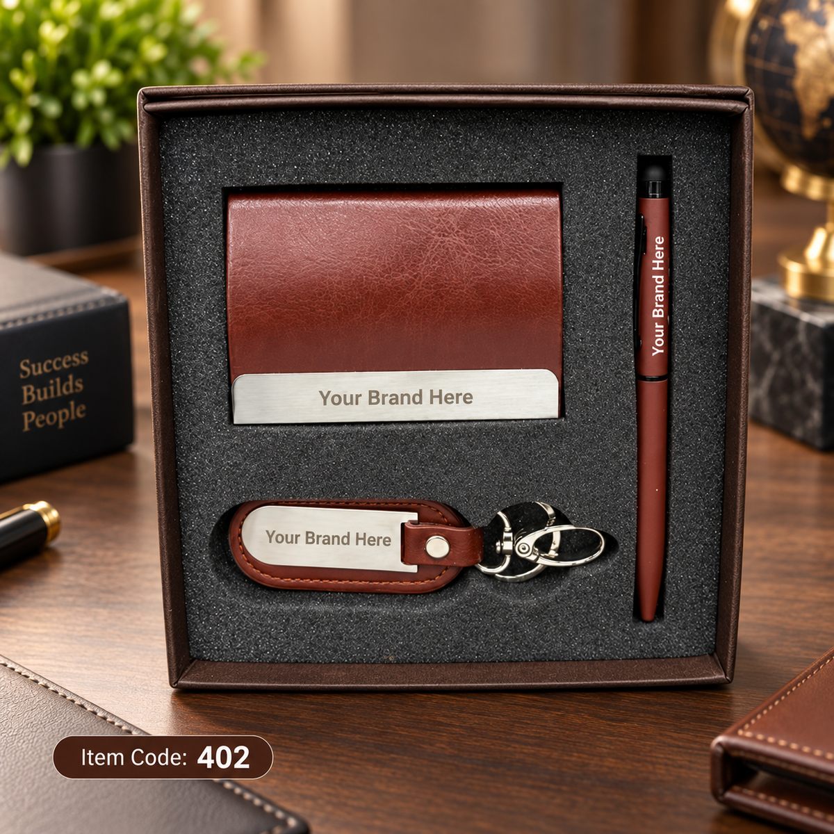 3-in-1 Corporate Gift Set – Pen, Keychain & Mobile Stand / Visiting Card Holder