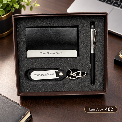 3-in-1 Corporate Gift Set – Pen, Keychain & Mobile Stand / Visiting Card Holder