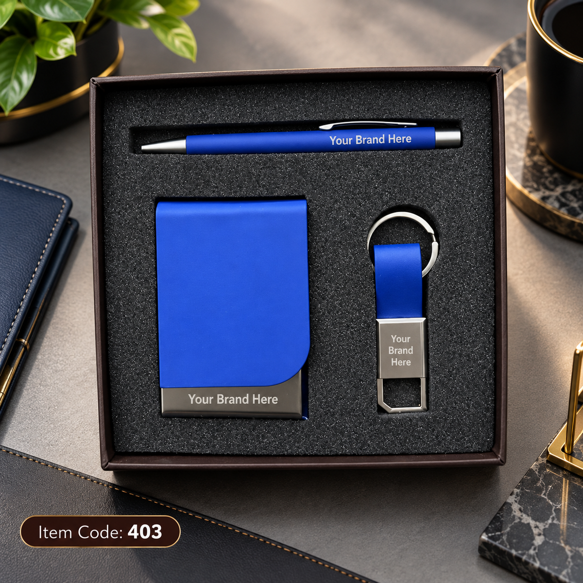 3-in-1 Corporate Gift Set – Pen, Keychain & Mobile Stand / Visiting Card Holder
