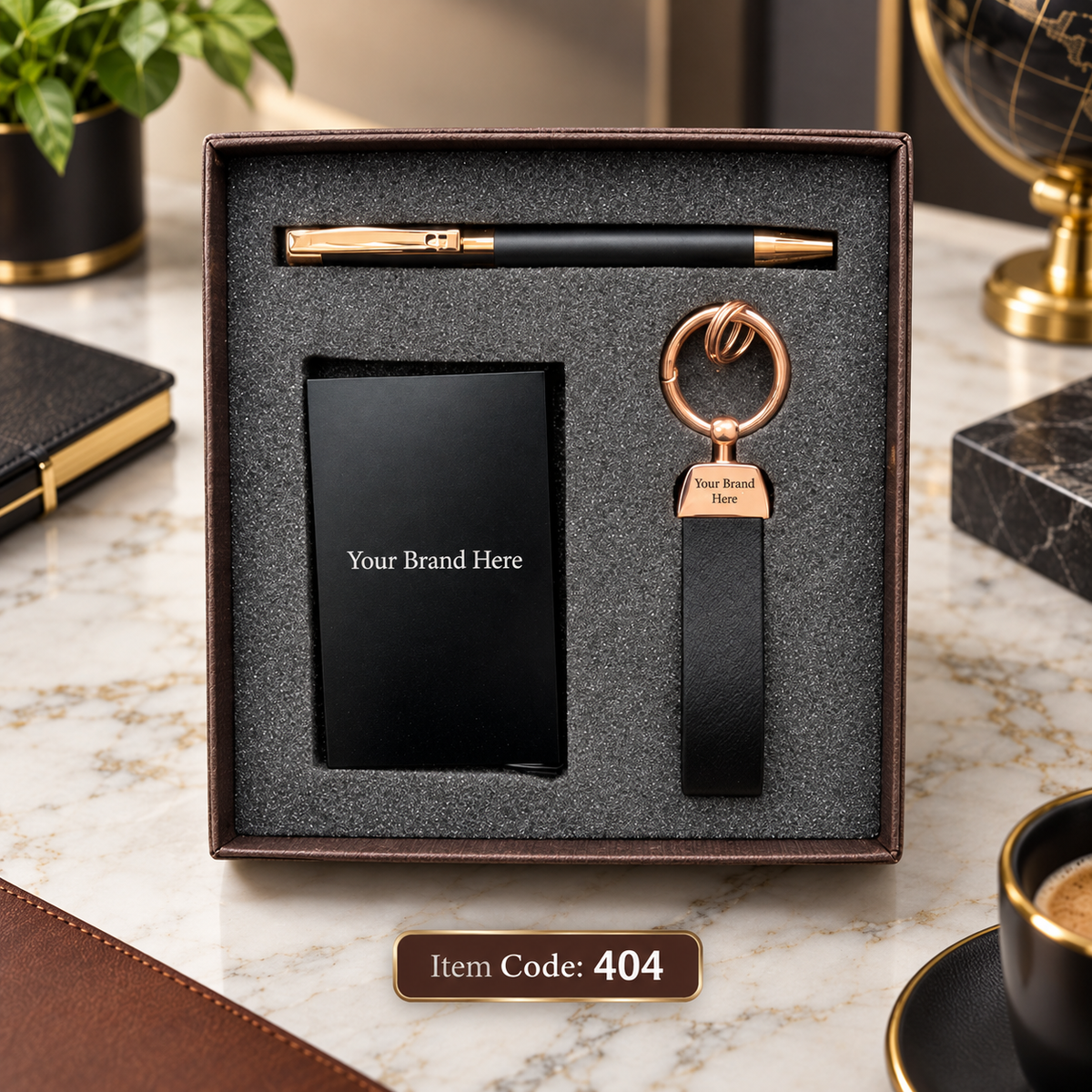 3-in-1 Corporate Gift Set – Pen, Keychain & Mobile Stand / Visiting Card Holder