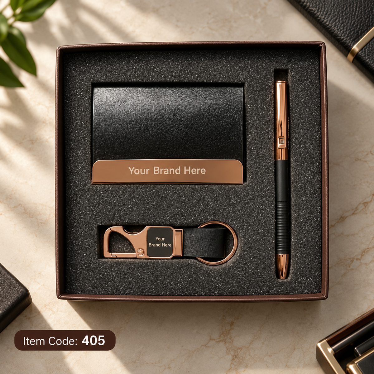 3-in-1 Corporate Gift Set – Pen, Keychain & Mobile Stand / Visiting Card Holder