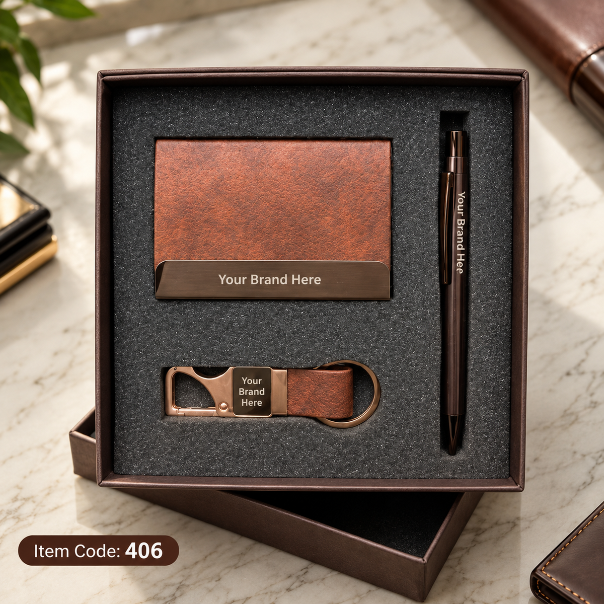 3-in-1 Corporate Gift Set – Pen, Keychain & Mobile Stand / Visiting Card Holder