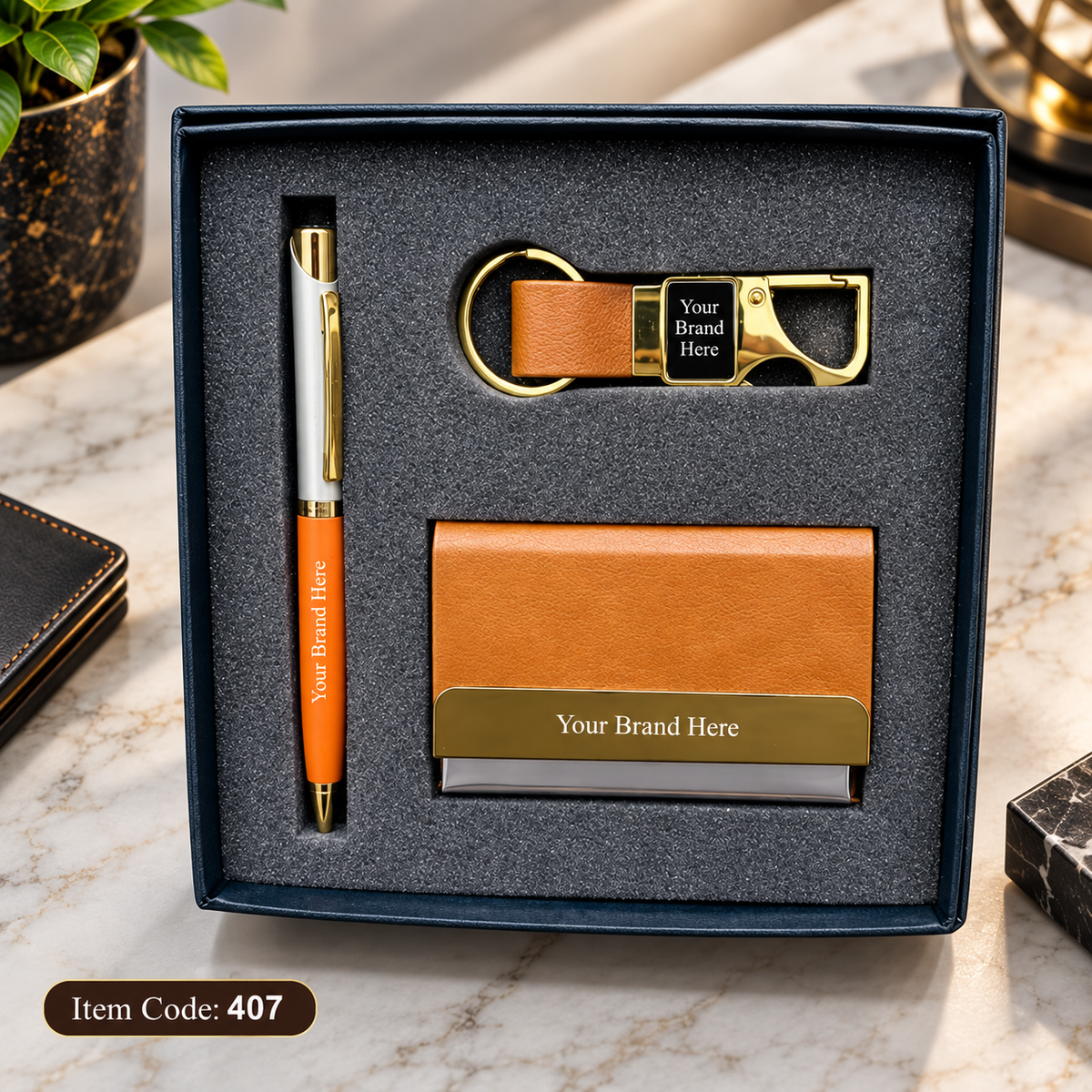 3-in-1 Corporate Gift Set – Pen, Keychain & Mobile Stand / Visiting Card Holder