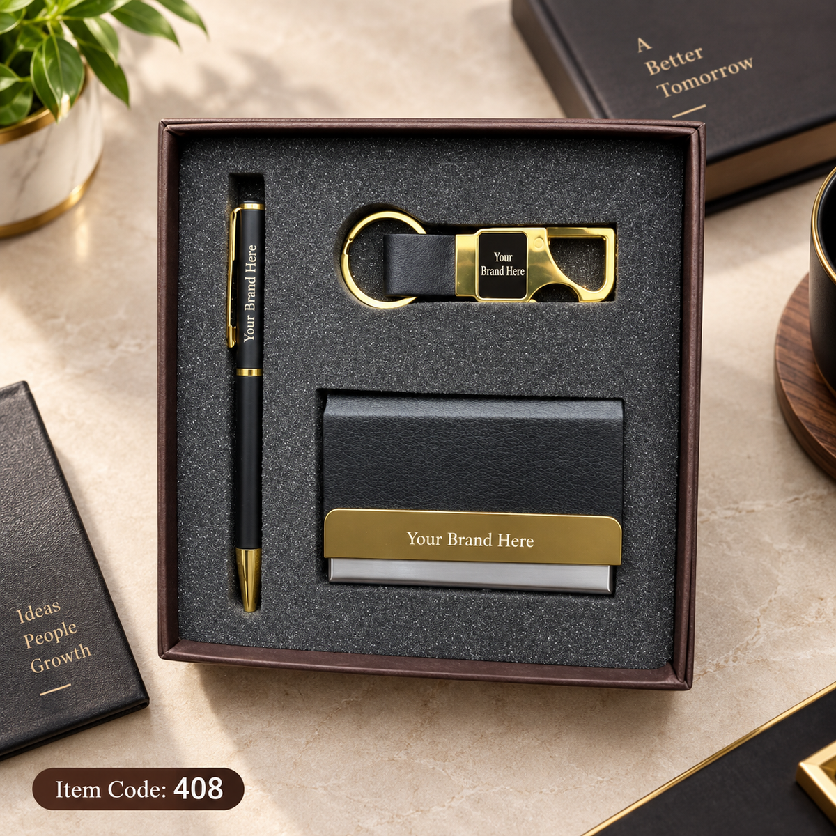 3-in-1 Corporate Gift Set – Pen, Keychain & Mobile Stand / Visiting Card Holder