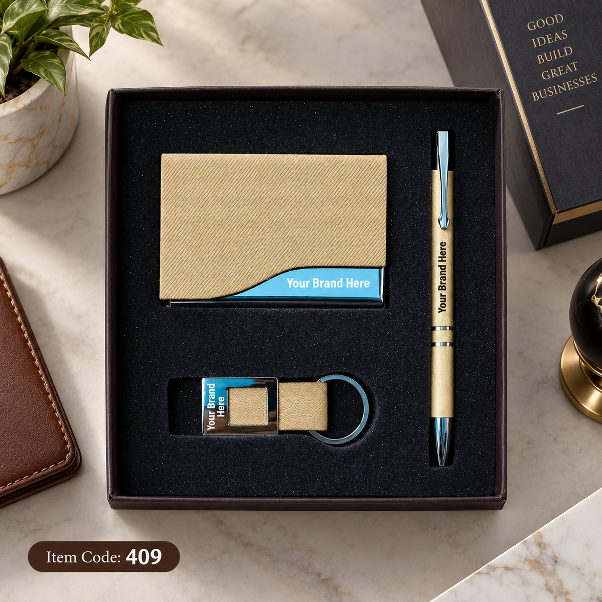 3-in-1 Corporate Gift Set – Pen, Keychain & Mobile Stand / Visiting Card Holder