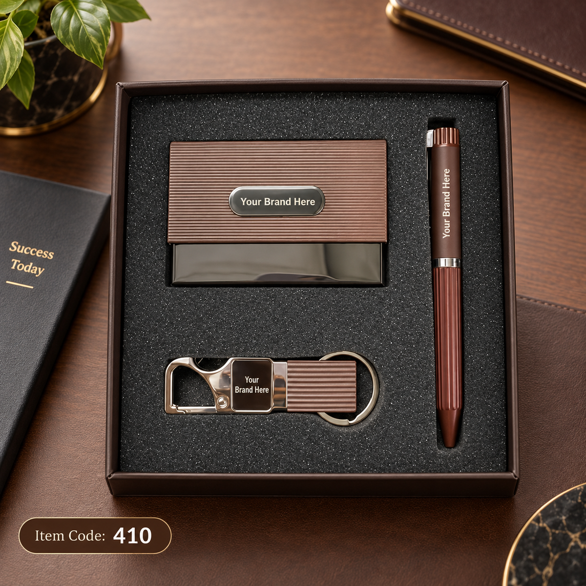 3-in-1 Corporate Gift Set – Pen, Keychain & Mobile Stand / Visiting Card Holder