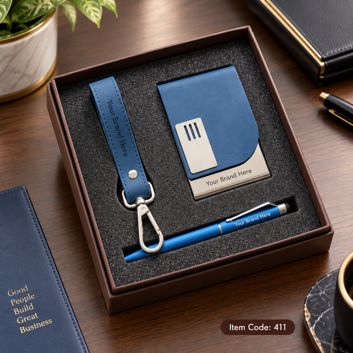 3-in-1 Corporate Gift Set – Pen, Keychain & Mobile Stand / Visiting Card Holder